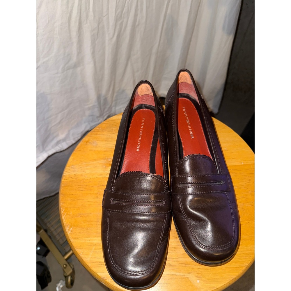 Tommy Hilfiger Brown Leather Penny Loafers Square Toe Low Block Heel Size 10M